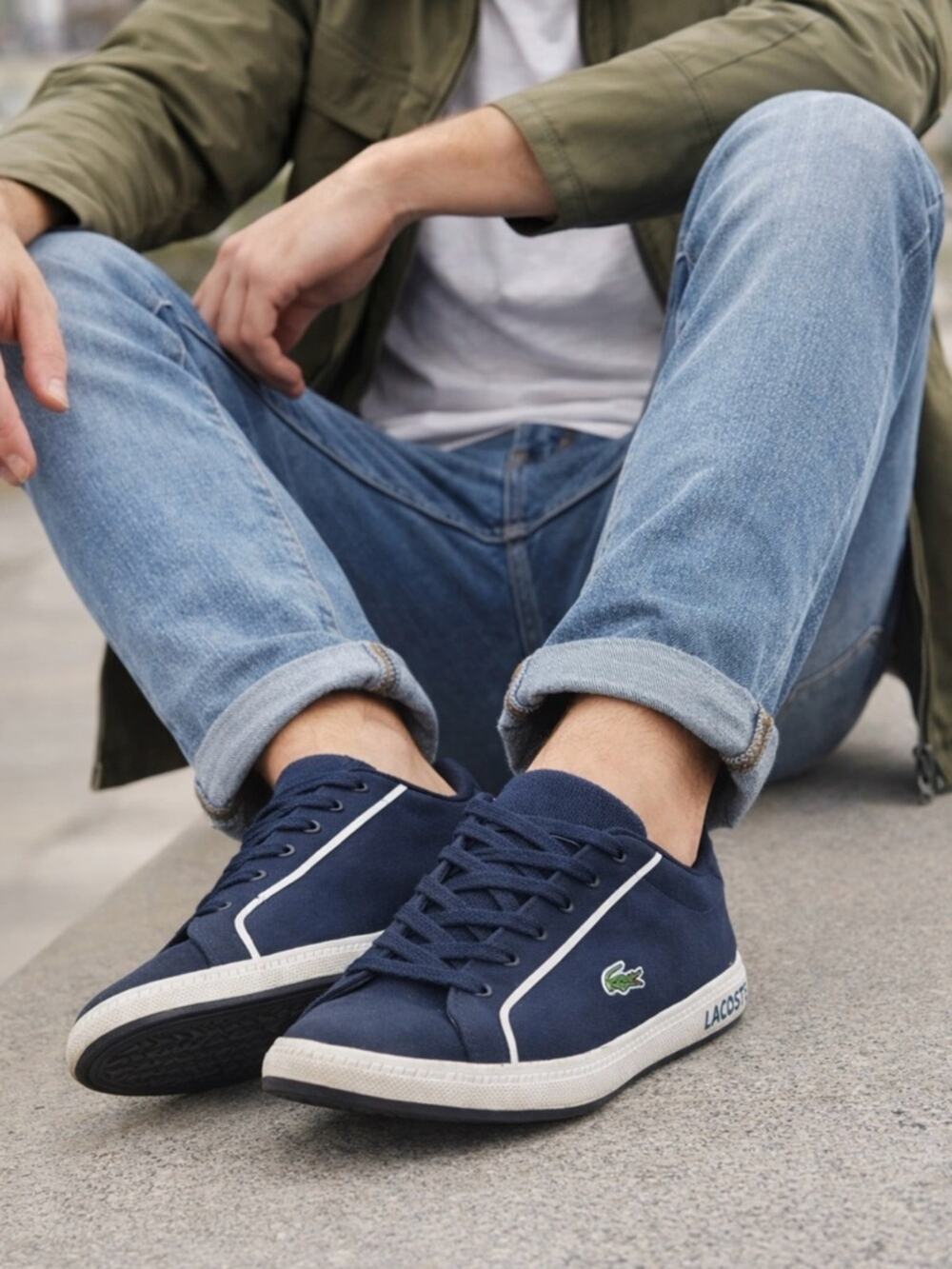 Lacoste Men's Navy Blue Canvas Low Top Sneakers Crocodile Logo Size 12